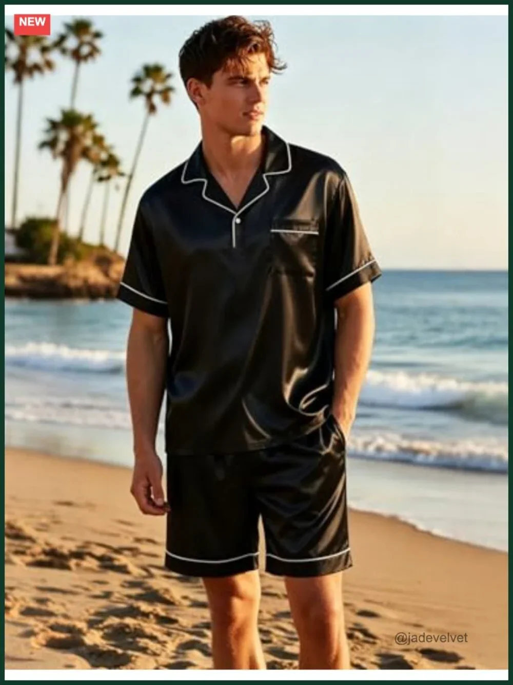 Mens Satin Pajama Set Short Sleeve Lapel Sleepwear with Pockets